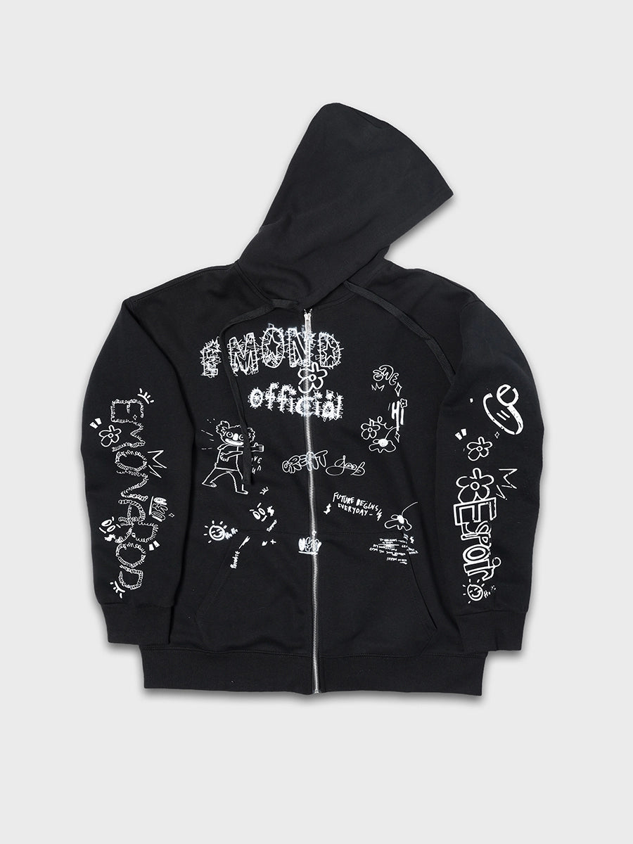Doodle Raw Hem Zip Hoodie