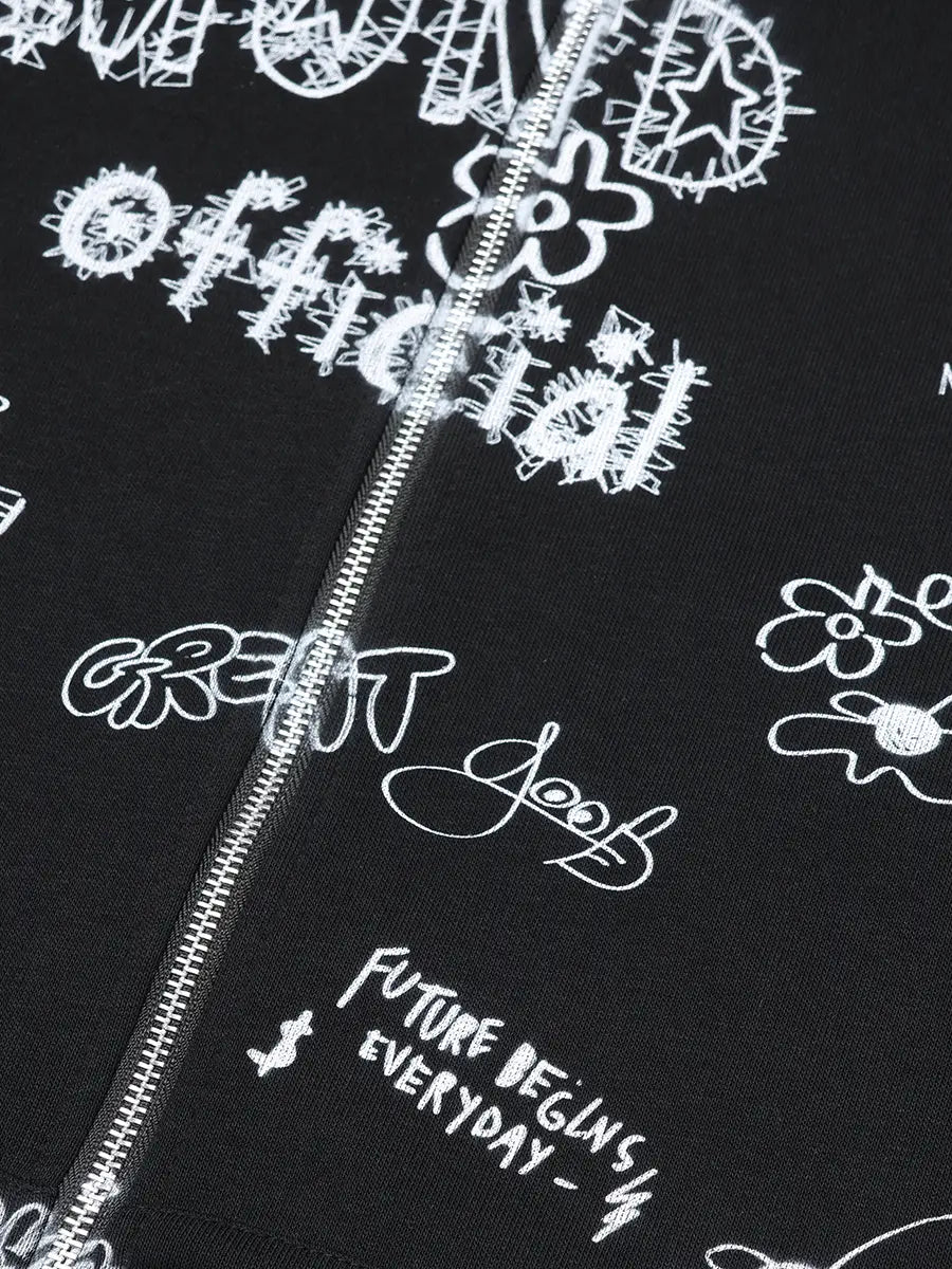 Doodle Raw Hem Zip Hoodie