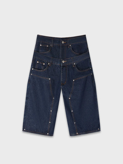 Rivet Double Waist Denim Shorts