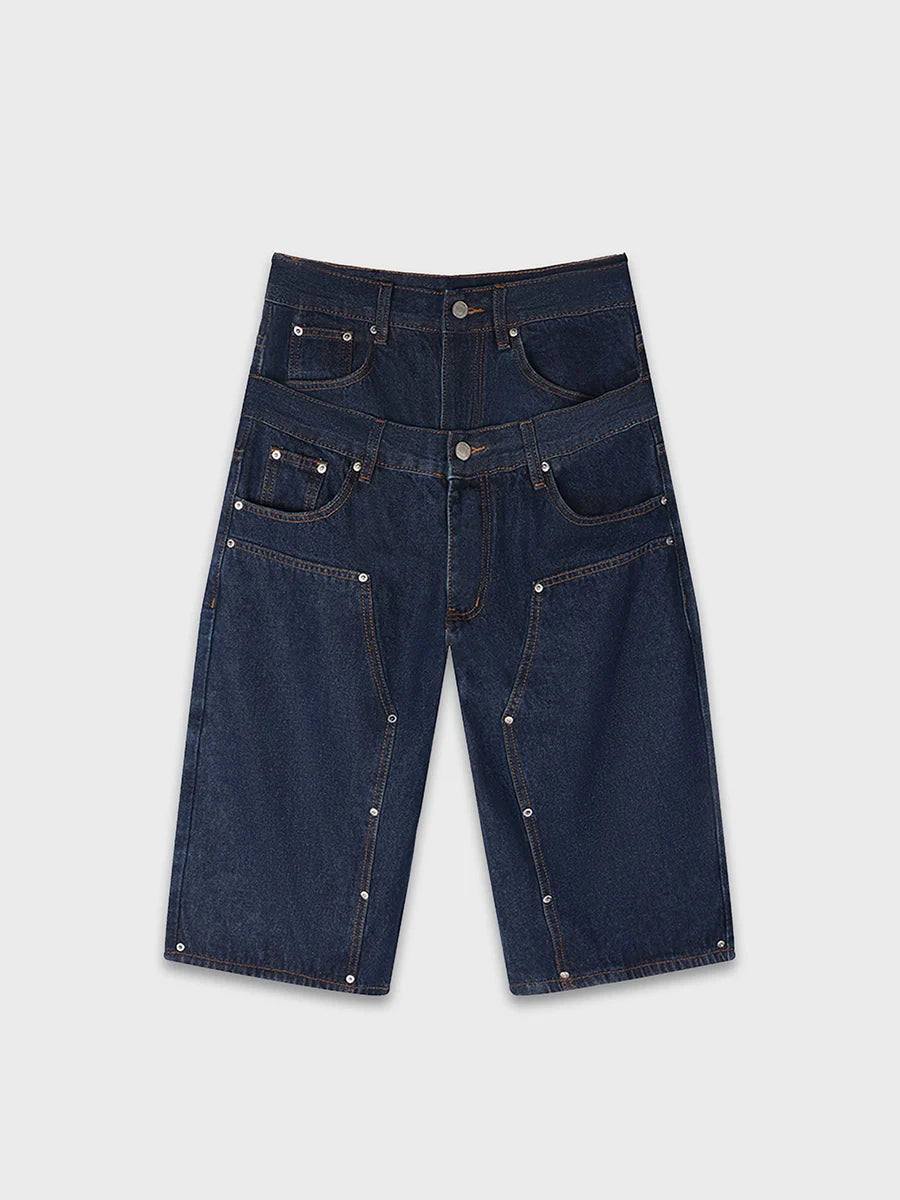 Rivet Double Waist Denim Shorts
