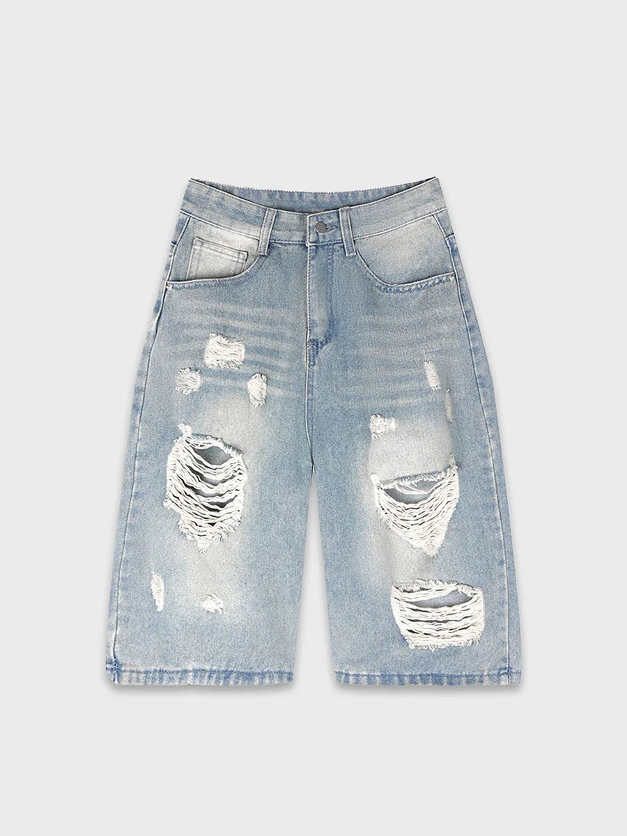 Destroyed Frayed Denim Shorts