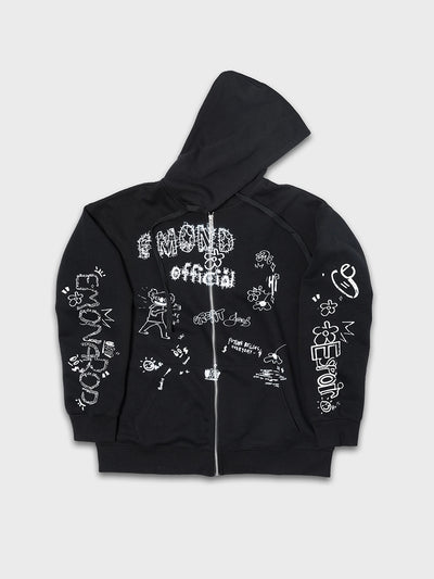 Doodle Raw Hem Zip Hoodie