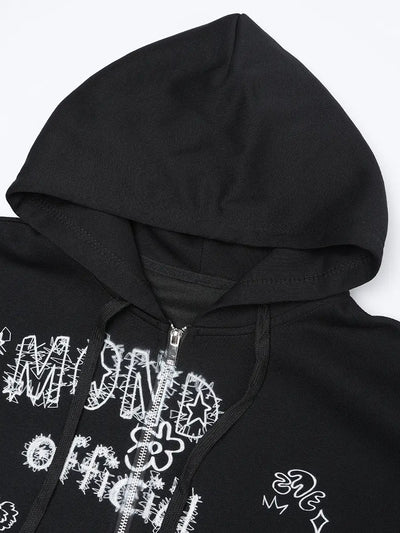Doodle Raw Hem Zip Hoodie