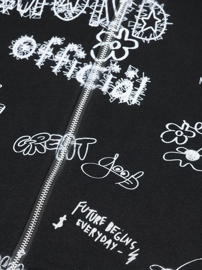 Doodle Raw Hem Zip Hoodie