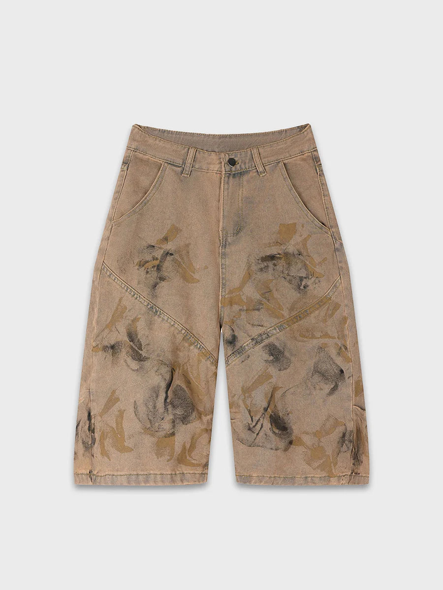 Distressed Mud Wash Denim Shorts