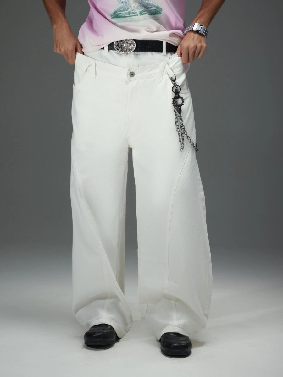 Double Waistband Wide Leg White Jeans