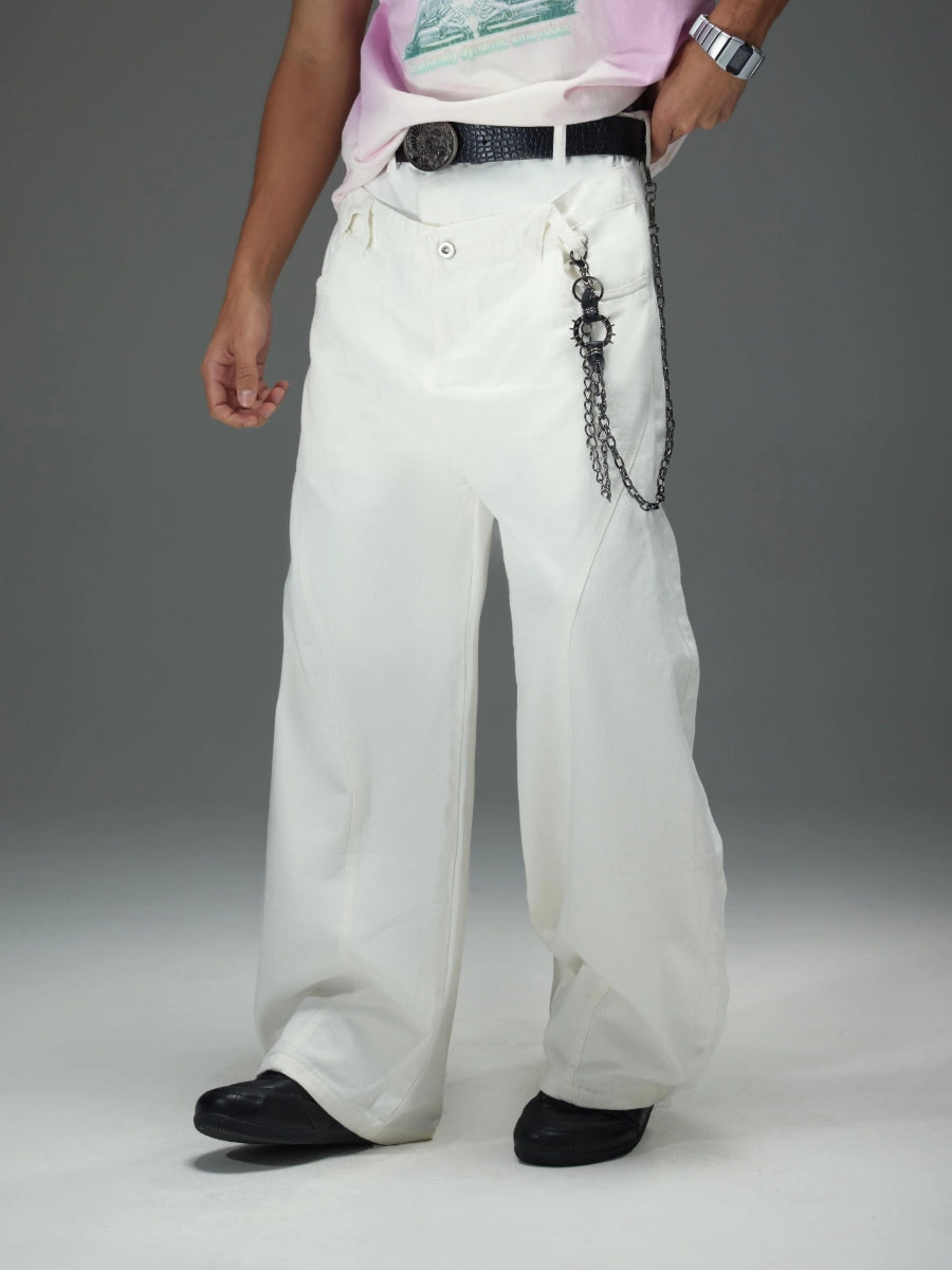 Double Waistband Wide Leg White Jeans