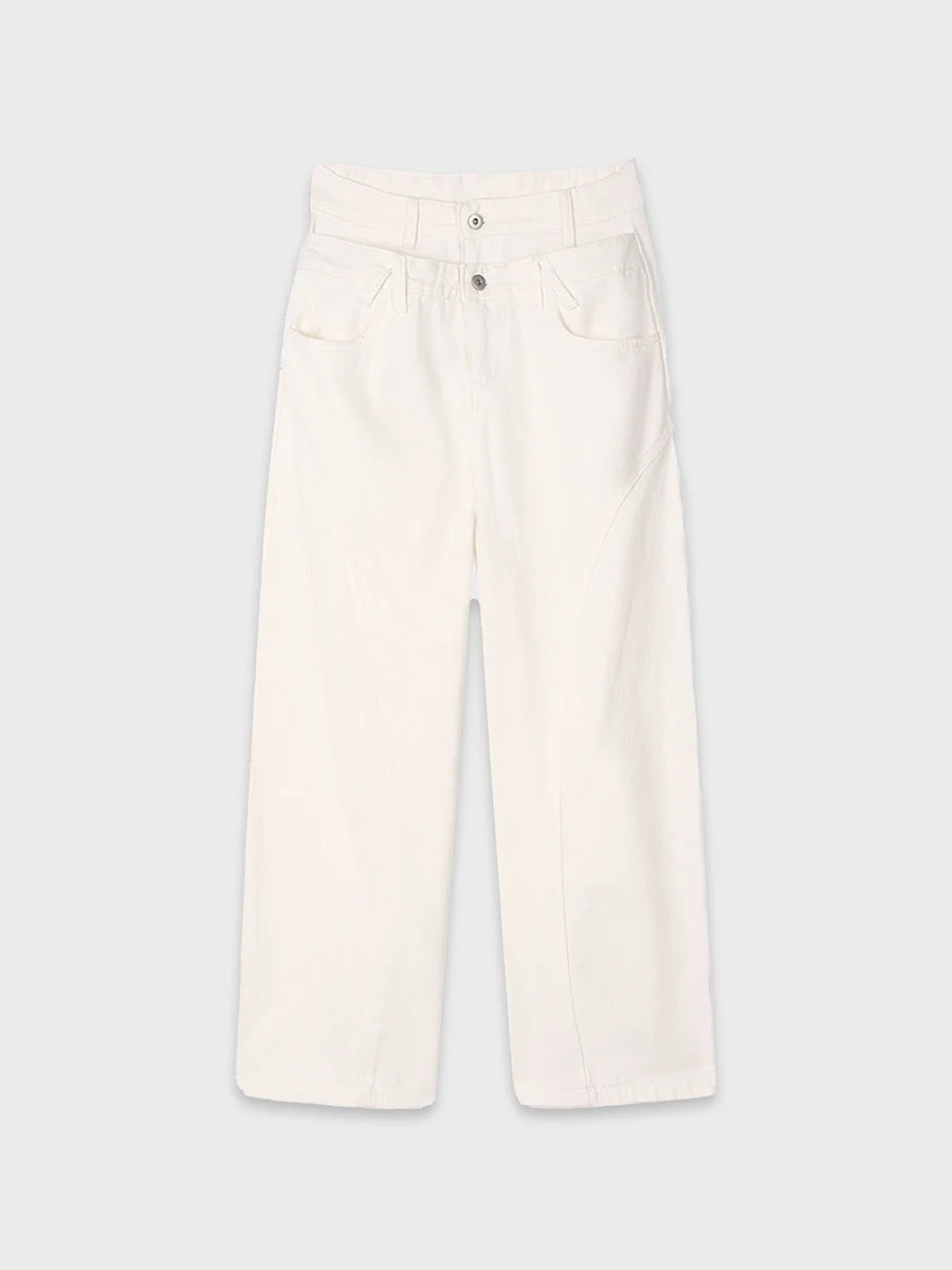 Double Waistband Wide Leg White Jeans