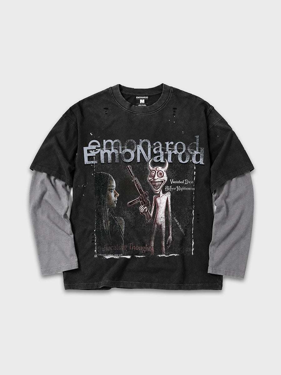 T-shirt à manches longues Doodle avec ourlet brut – Homme