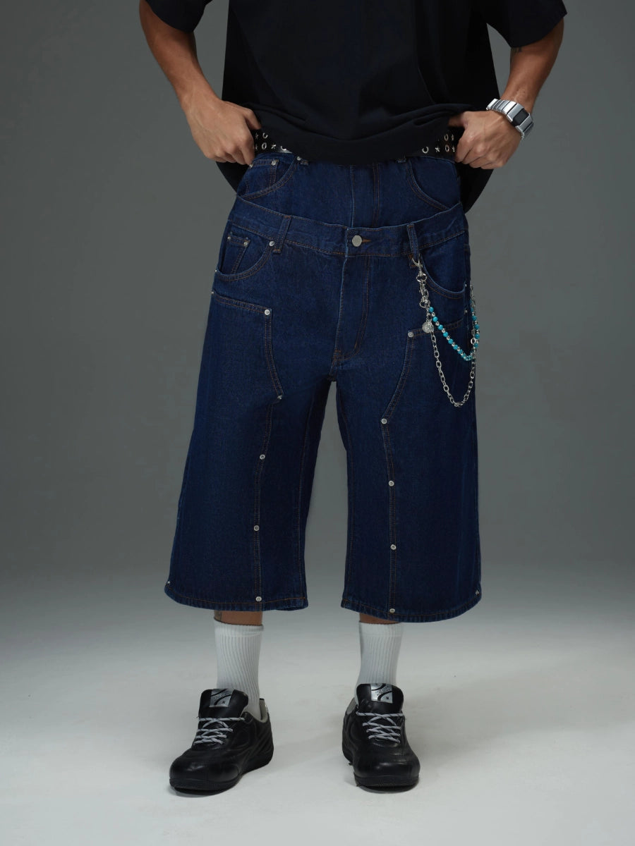 Rivet Double Waist Denim Shorts